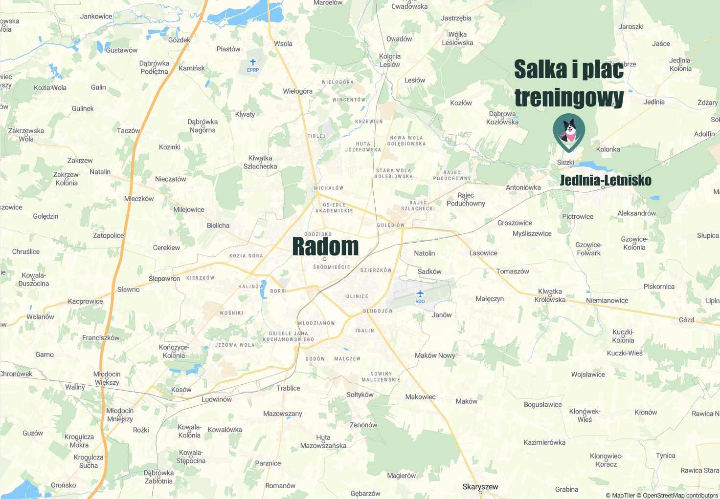 Mapa pokazująca lokalizację sali i placu treningowego w Siczkach koło Radomia